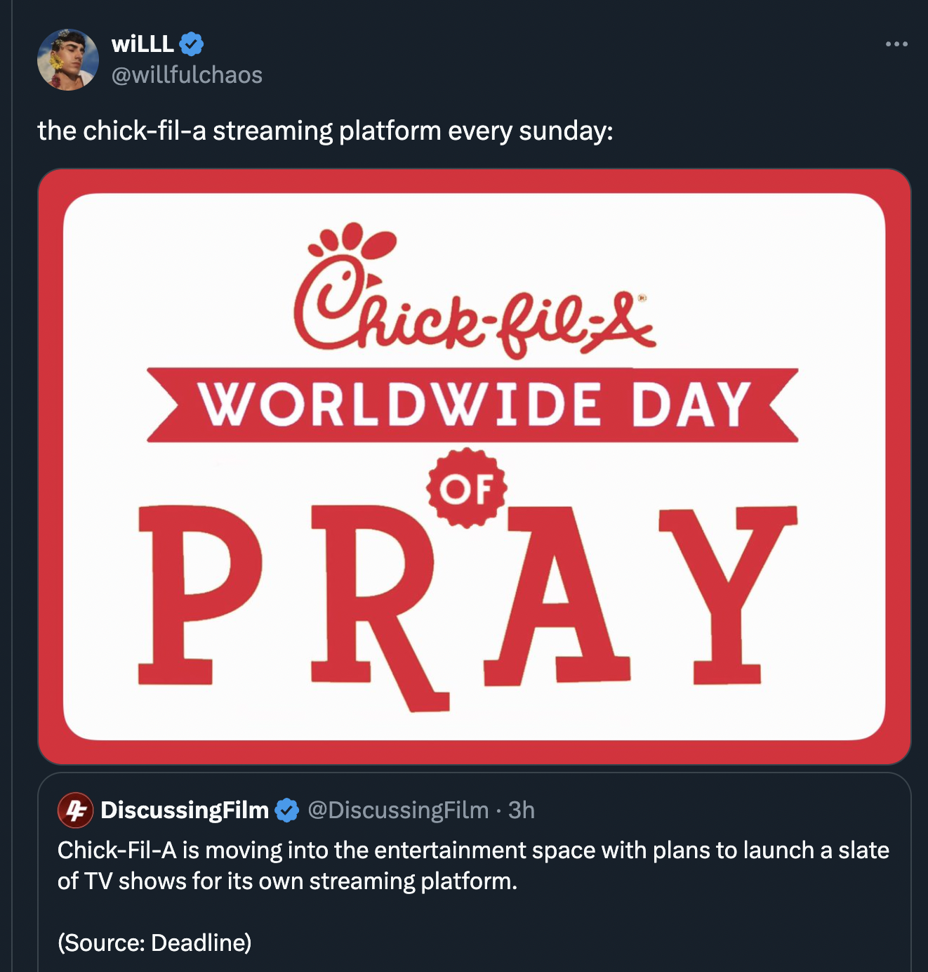 screenshot - WiLLL the chickfila streaming platform every sunday Chickfil Worldwide Day Of Pray DiscussingFilm 3h ChickFilA is moving into the entertainment space with plans to launch a slate of Tv shows for its own streaming platform. Source Deadline